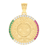14kt Yellow Gold Mens Green/Pink White Cubic-Zirconia Aztec Calendar Fashion Charm Pendant